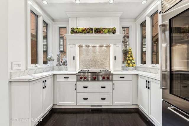 kitchen featuring stainless steel appliances, tasteful backsplash, dark wood finished floors, white cabinetry, and light stone countertops