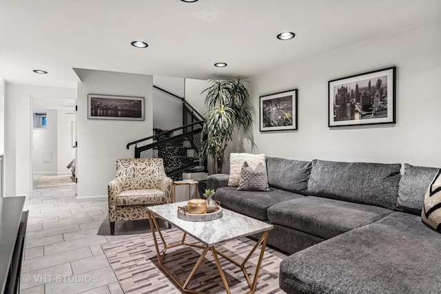 living room with recessed lighting, light tile patterned floors, and stairs