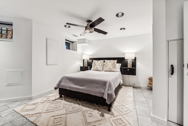 bedroom featuring ceiling fan, baseboards, visible vents, and recessed lighting