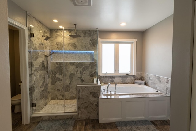 131 Glenbrook Cir, Gilberts, IL 60136 - full bath with toilet, a shower stall, a bath, and wood finished floors