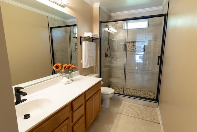 131 Glenbrook Cir, Gilberts, IL 60136 - bathroom with a shower stall, ornamental molding, vanity, and toilet