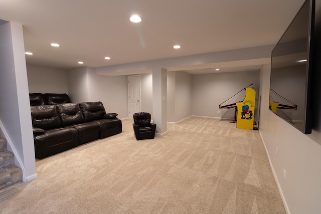 131 Glenbrook Cir, Gilberts, IL 60136 - living area featuring stairway, light carpet, baseboards, and recessed lighting
