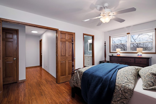 2800 Abbington Dr, New Lenox, IL 60451 - bedroom with dark wood-type flooring, ceiling fan, ensuite bathroom, and baseboards