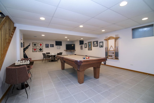 2800 Abbington Dr, New Lenox, IL 60451 - recreation room with baseboards, billiards, recessed lighting, light tile patterned flooring, and a paneled ceiling