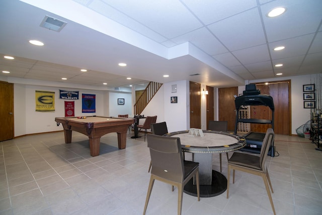 2800 Abbington Dr, New Lenox, IL 60451 - game room featuring billiards, light tile patterned floors, a paneled ceiling, recessed lighting, and baseboards