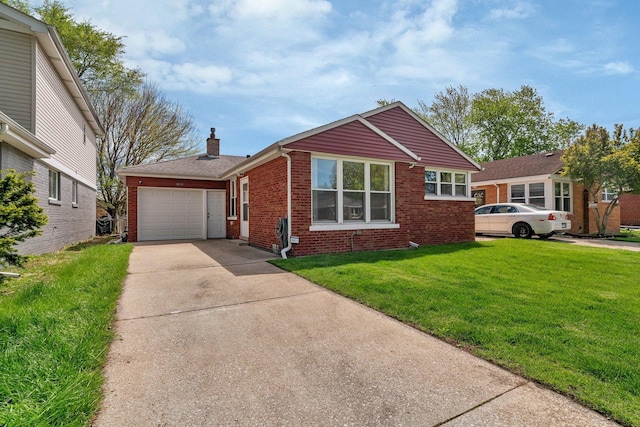 view of front of house featuring brick siding, a chimney, concrete driveway, a front yard, and an attached garage