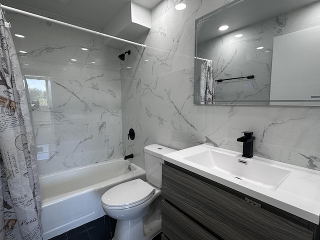 bathroom featuring tile walls, shower / tub combo with curtain, toilet, and vanity