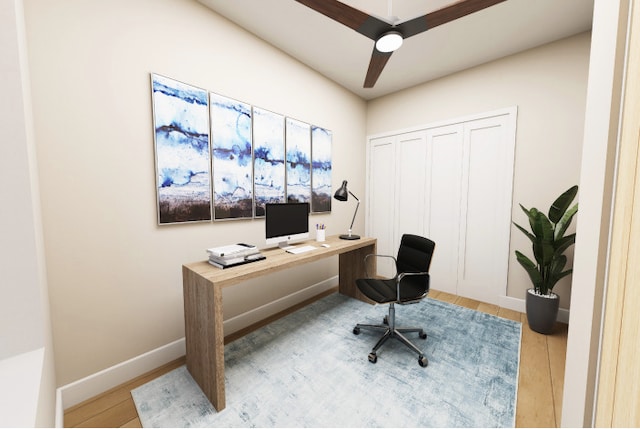 3408 S Carpenter St, Chicago, IL 60608 - home office featuring baseboards, light wood-type flooring, and a ceiling fan