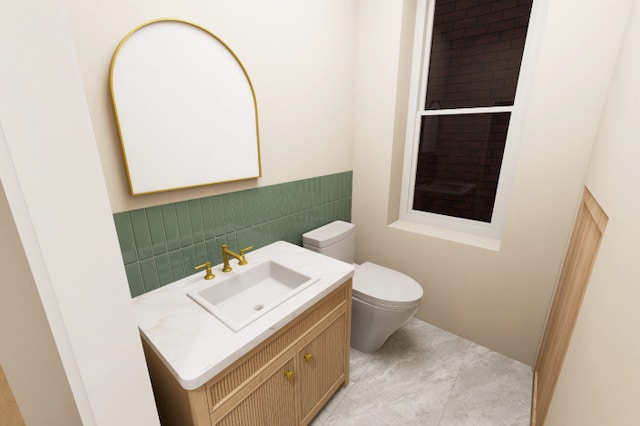3408 S Carpenter St, Chicago, IL 60608 - half bathroom with vanity, toilet, and tile walls