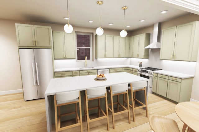 3408 S Carpenter St, Chicago, IL 60608 - kitchen with light wood-style flooring, a sink, a kitchen breakfast bar, wall chimney range hood, and appliances with stainless steel finishes