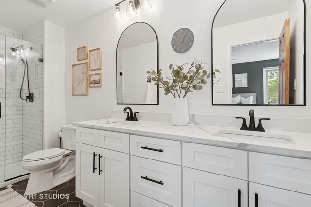 690 Queenswood Ln, Wheaton, IL 60189 - bathroom with toilet, a stall shower, double vanity, and tile patterned flooring