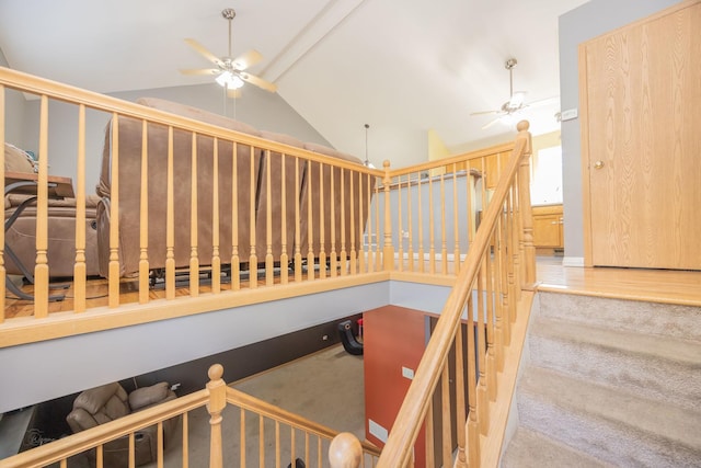1012 Belden Way, Joliet, IL 60435 - stairs with a ceiling fan, lofted ceiling, and carpet floors