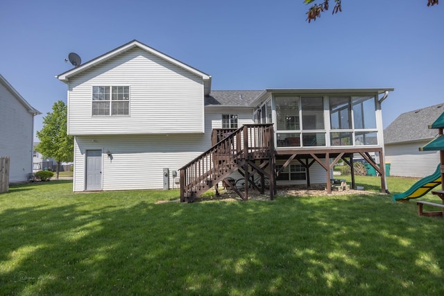 1012 Belden Way, Joliet, IL 60435 - back of property with stairs, a sunroom, a yard, and a playground