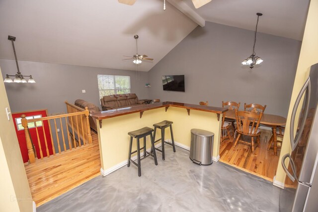 1012 Belden Way, Joliet, IL 60435 - kitchen with a ceiling fan, beam ceiling, high vaulted ceiling, a breakfast bar, and pendant lighting