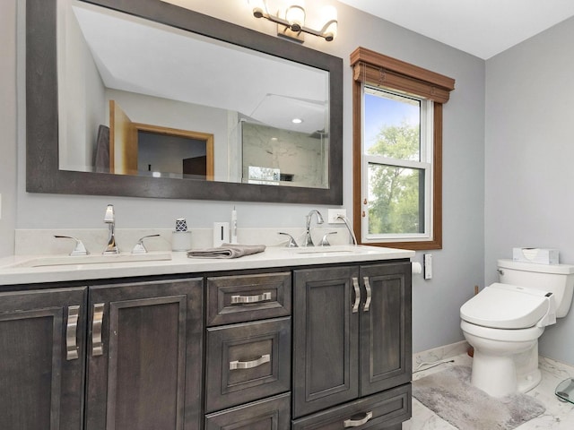 848 Braintree Ln, Bartlett, IL 60103 - bathroom with double vanity, marble finish floors, toilet, a shower, and baseboards
