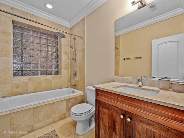 full bath with tiled shower / bath combo, toilet, ornamental molding, tile patterned floors, and vanity