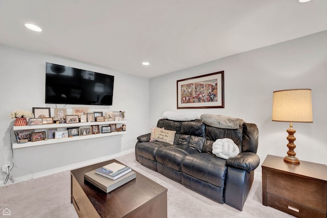 living room featuring carpet, recessed lighting, and baseboards