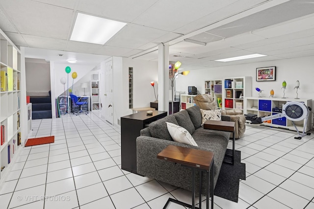 6927 N Oleander Ave, Chicago, IL 60631 - living area with light tile patterned floors, stairs, and a paneled ceiling