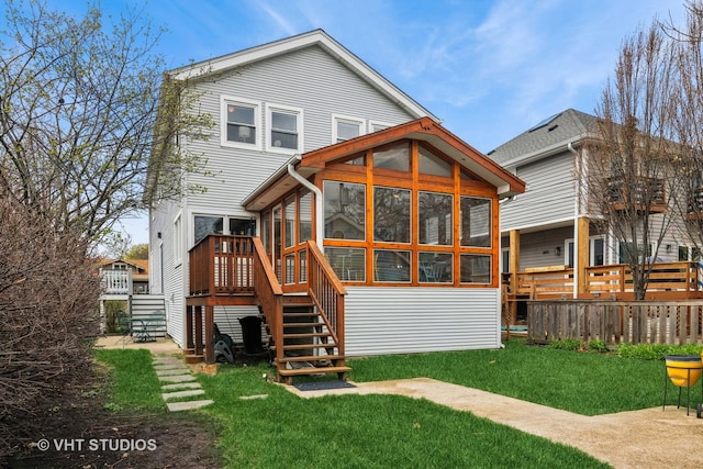 6927 N Oleander Ave, Chicago, IL 60631 - back of property with a sunroom, stairs, and a wooden deck