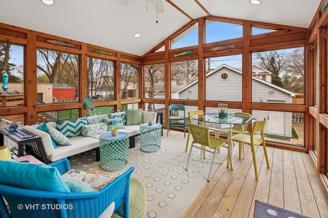 6927 N Oleander Ave, Chicago, IL 60631 - sunroom with an outdoor living space, vaulted ceiling, a ceiling fan, plenty of natural light, and outdoor dining space