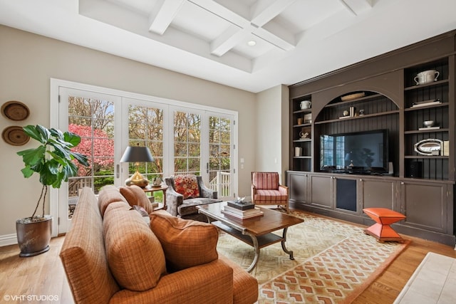 3324 Lakeside Ave, Northbrook, IL 60062 - living area featuring coffered ceiling, wood finished floors, beamed ceiling, built in features, and baseboards