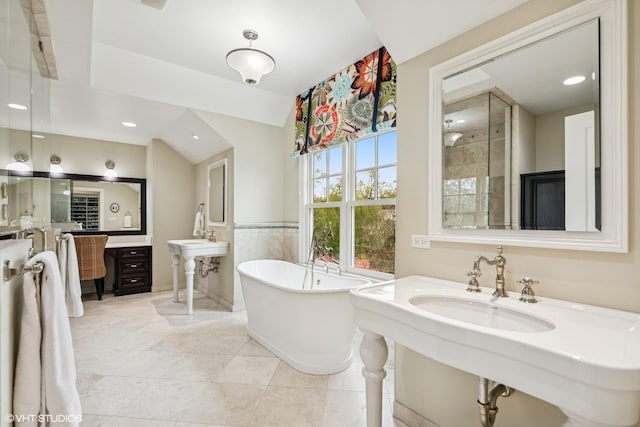 3324 Lakeside Ave, Northbrook, IL 60062 - full bath with a soaking tub, vaulted ceiling, and recessed lighting
