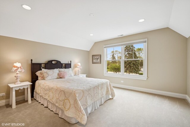 3324 Lakeside Ave, Northbrook, IL 60062 - bedroom with vaulted ceiling, light colored carpet, baseboards, and recessed lighting