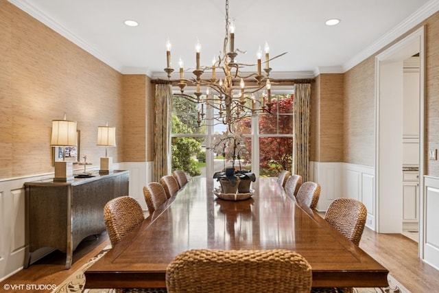 3324 Lakeside Ave, Northbrook, IL 60062 - dining room featuring wallpapered walls, a chandelier, a wainscoted wall, recessed lighting, and light wood-style flooring