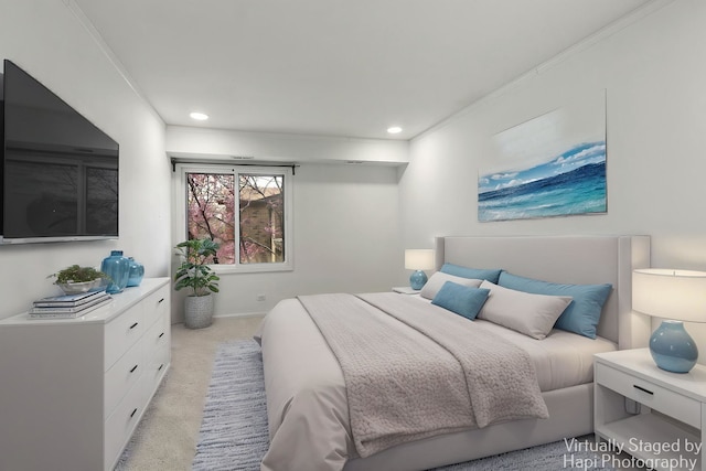 1132 E Randville Dr Unit 2E, Palatine, IL 60074 - bedroom featuring baseboards, ornamental molding, recessed lighting, and light colored carpet