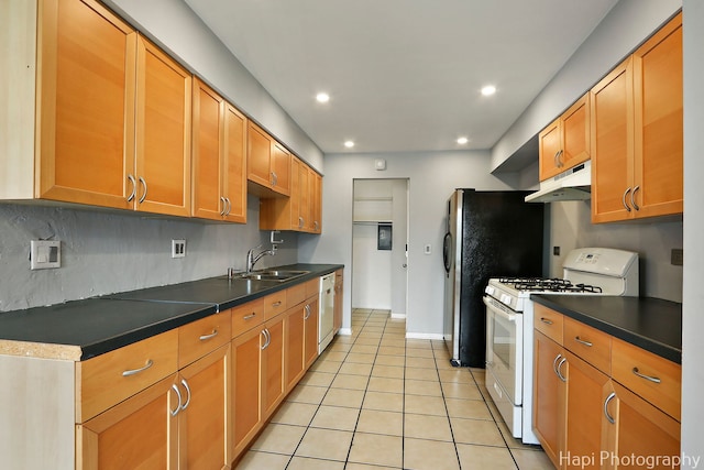 1132 E Randville Dr Unit 2E, Palatine, IL 60074 - kitchen with white appliances, under cabinet range hood, a sink, dark countertops, and light tile patterned floors