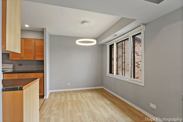 1132 E Randville Dr Unit 2E, Palatine, IL 60074 - kitchen with dark countertops, light wood-style floors, baseboards, and a healthy amount of sunlight