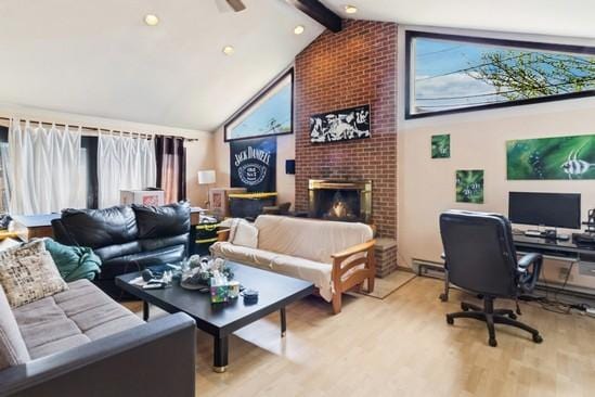 2104 S River Rd, Des Plaines, IL 60018 - living area featuring beam ceiling, healthy amount of natural light, light wood-style floors, high vaulted ceiling, and a brick fireplace