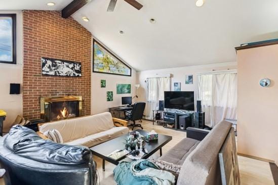 2104 S River Rd, Des Plaines, IL 60018 - living room featuring a ceiling fan and a brick fireplace