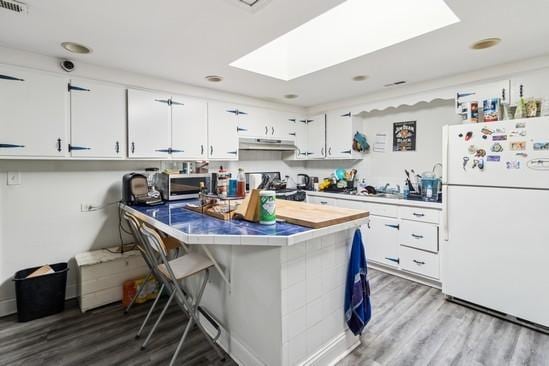 2104 S River Rd, Des Plaines, IL 60018 - kitchen with freestanding refrigerator, tile countertops, under cabinet range hood, a skylight, and light wood finished floors
