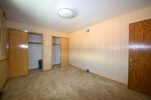 2820 S Shields Ave, Chicago, IL 60616 - unfurnished bedroom featuring multiple closets, carpet flooring, baseboards, and wooden walls