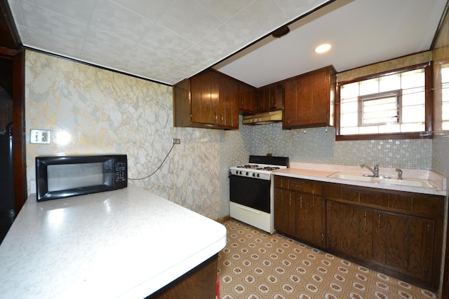 2820 S Shields Ave, Chicago, IL 60616 - kitchen featuring white gas range, black microwave, under cabinet range hood, a sink, and light countertops