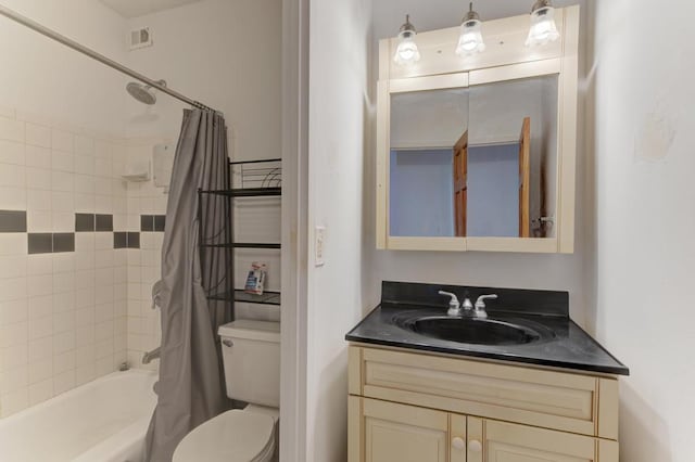 bathroom with toilet, vanity, and shower / bathtub combination with curtain