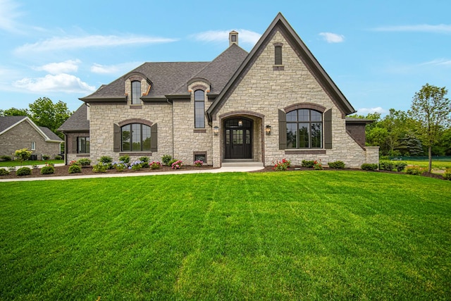 1212 Georgias Way, New Lenox, IL 60451 - french provincial home featuring stone siding, a front yard, roof with shingles, and a chimney