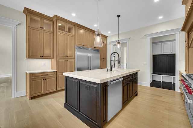 1212 Georgias Way, New Lenox, IL 60451 - kitchen featuring high quality appliances, light wood-type flooring, light countertops, recessed lighting, and glass insert cabinets