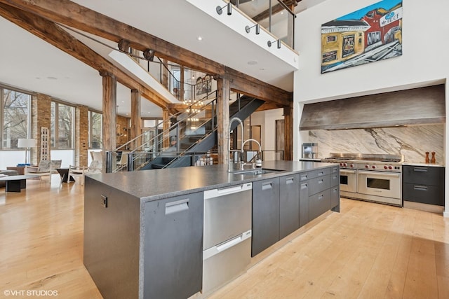 kitchen featuring light wood finished floors, a sink, a kitchen island with sink, tasteful backsplash, and appliances with stainless steel finishes