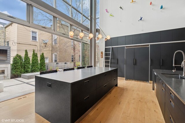 kitchen with light wood finished floors, a high ceiling, dark cabinets, and a sink