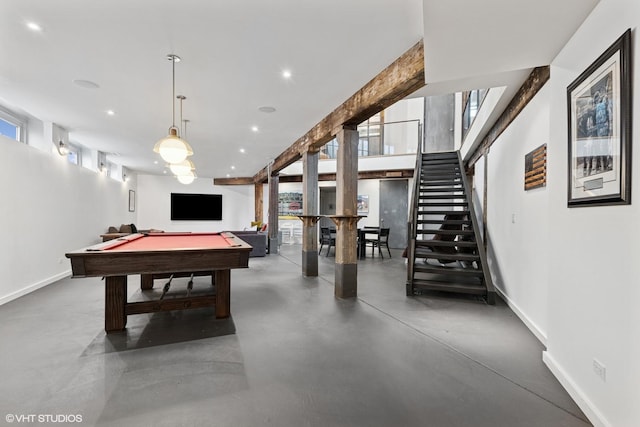 game room with baseboards, recessed lighting, concrete floors, and billiards