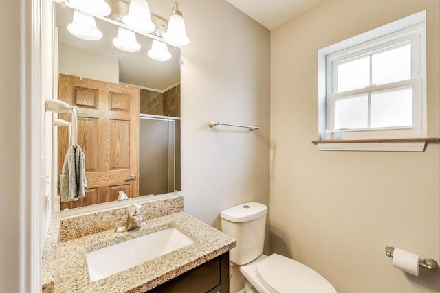 bathroom featuring toilet, a shower stall, and vanity