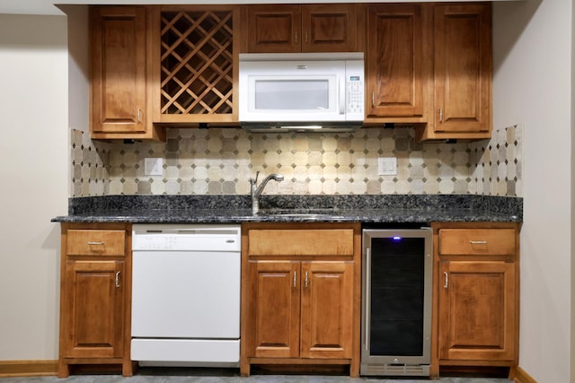 28W624 Berkshire Rd, West Chicago, IL 60185 - kitchen with white appliances, beverage cooler, a sink, and backsplash