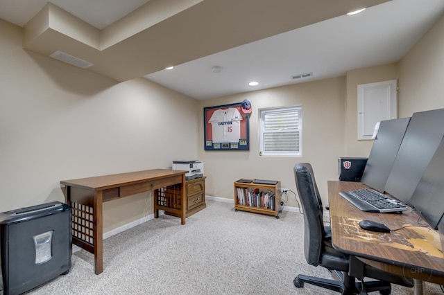 carpeted office with baseboards and recessed lighting