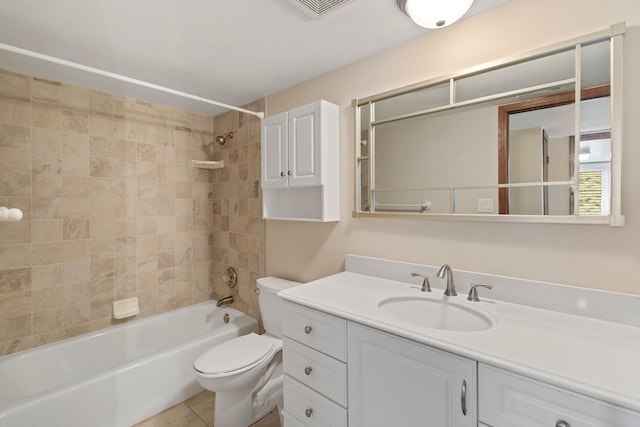bathroom featuring toilet,  shower combination, visible vents, tile patterned floors, and vanity