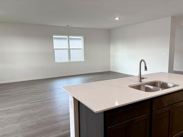 kitchen featuring a sink, light wood-type flooring, dark brown cabinets, an island with sink, and open floor plan