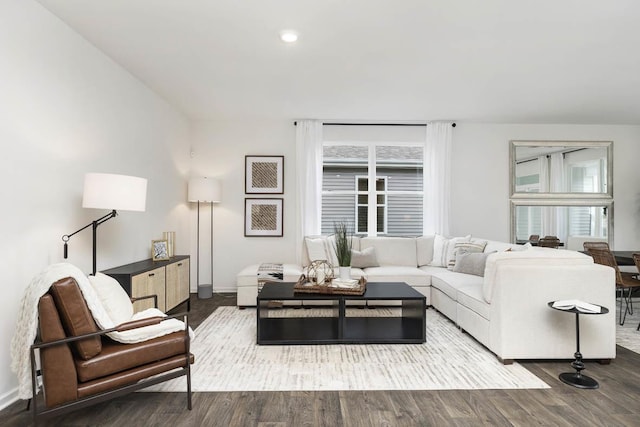 living room featuring baseboards, wood finished floors, and recessed lighting