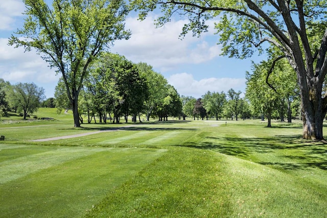 view of community featuring a yard, golf course view, and view of scattered trees