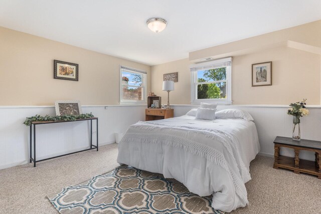 carpeted bedroom featuring wainscoting and multiple windows